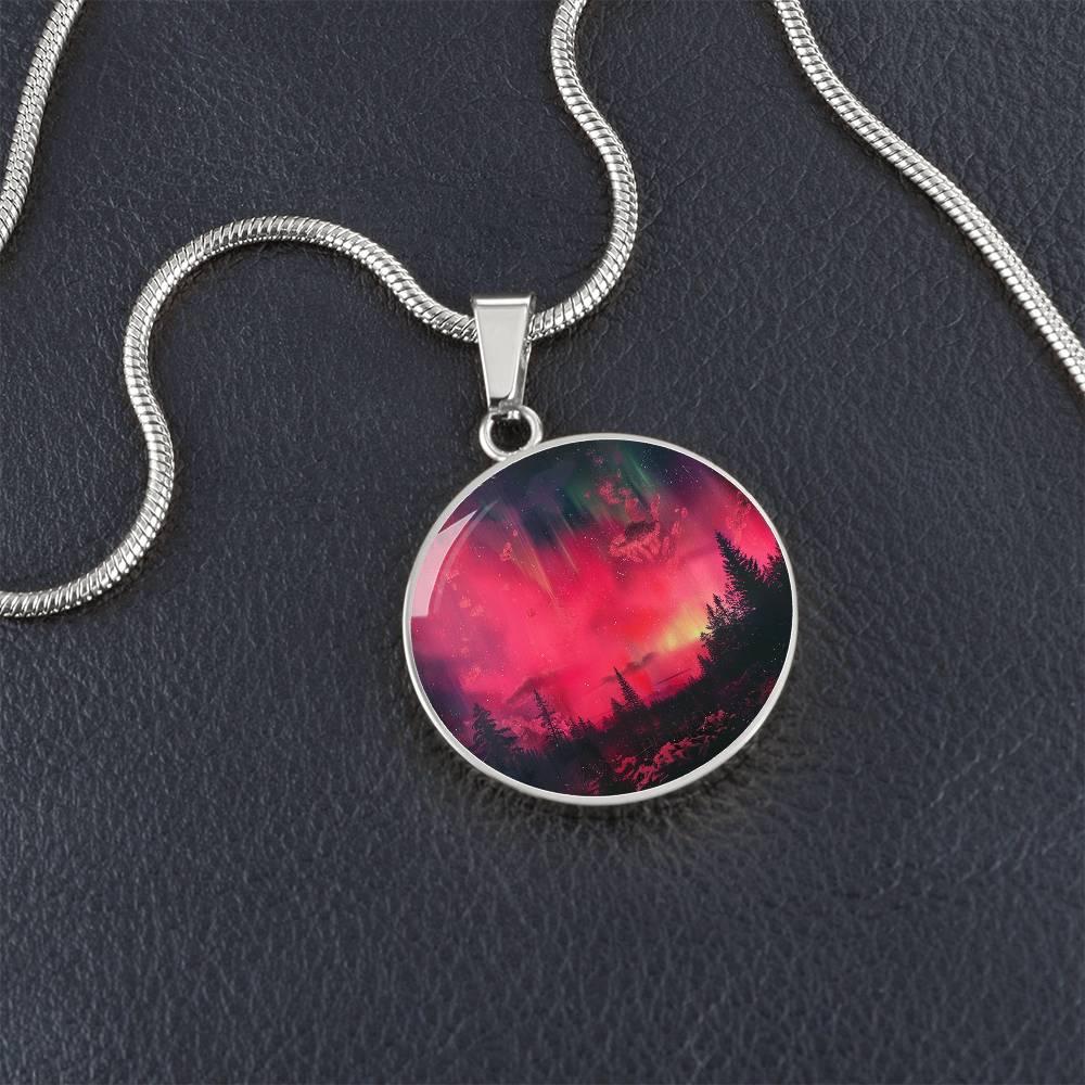 Pink Fire Sky Lights Circle Pendant Necklace
