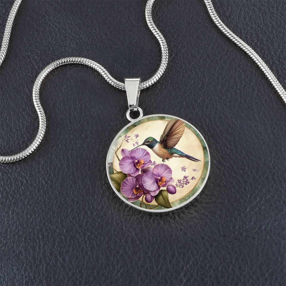 Orchid Hummingbird Circle Pendant Necklace