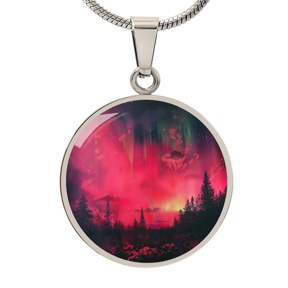 Pink Fire Sky Lights Circle Pendant Necklace