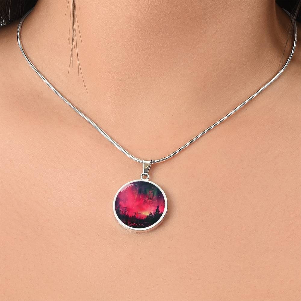 Pink Fire Sky Lights Circle Pendant Necklace