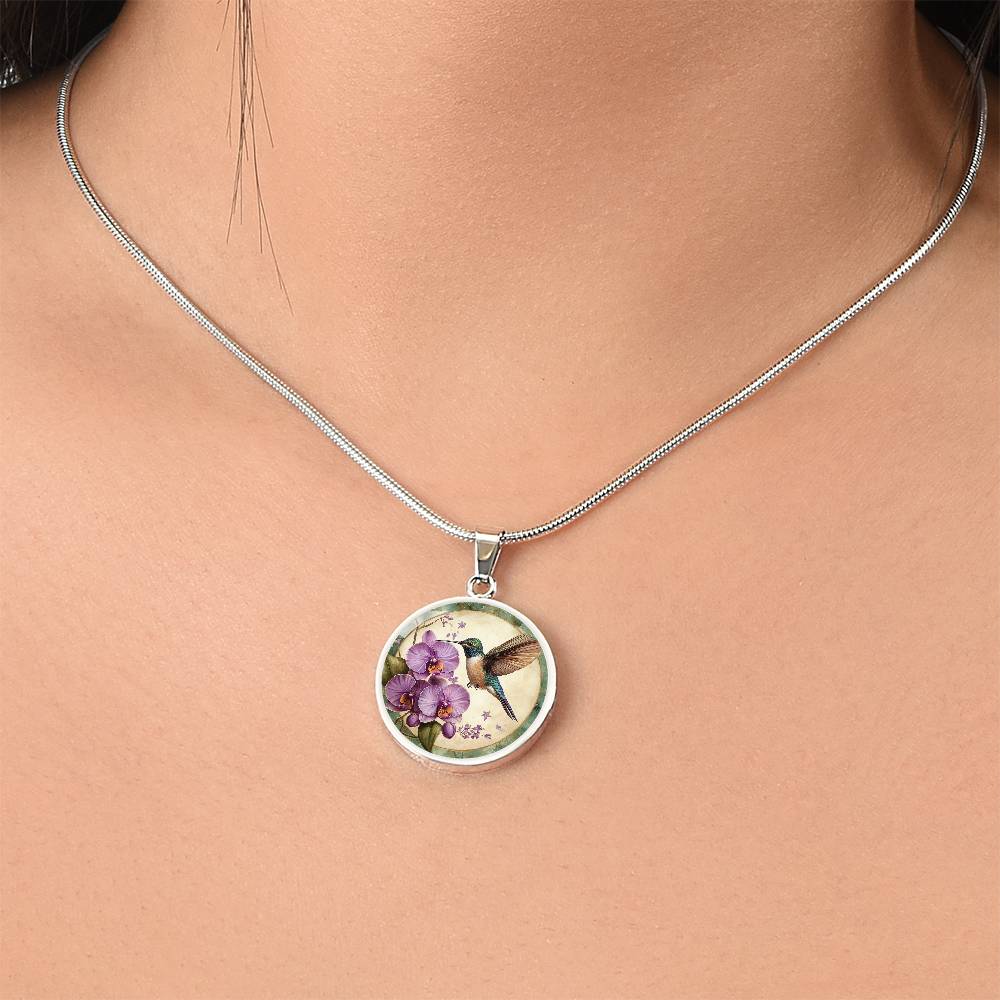 Orchid Hummingbird Circle Pendant Necklace