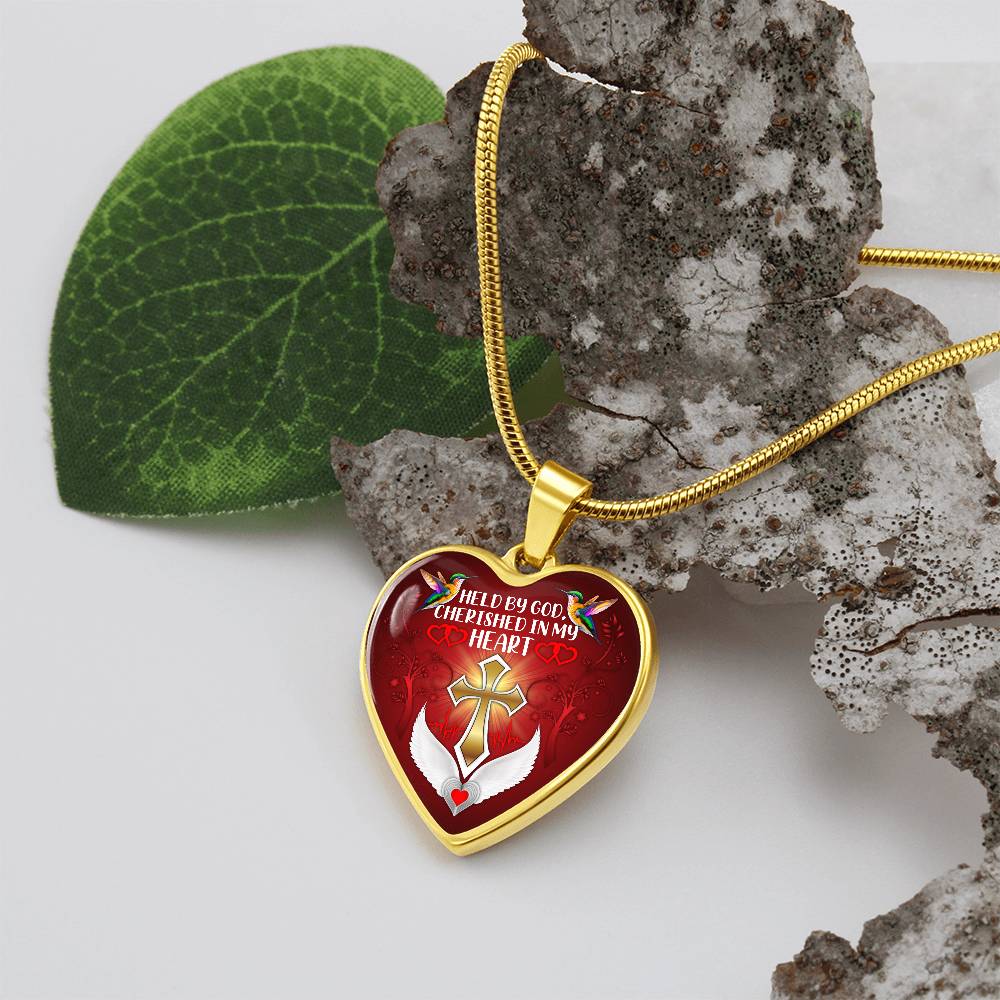 Red Held By God Cherished In My Faith Heart Necklace