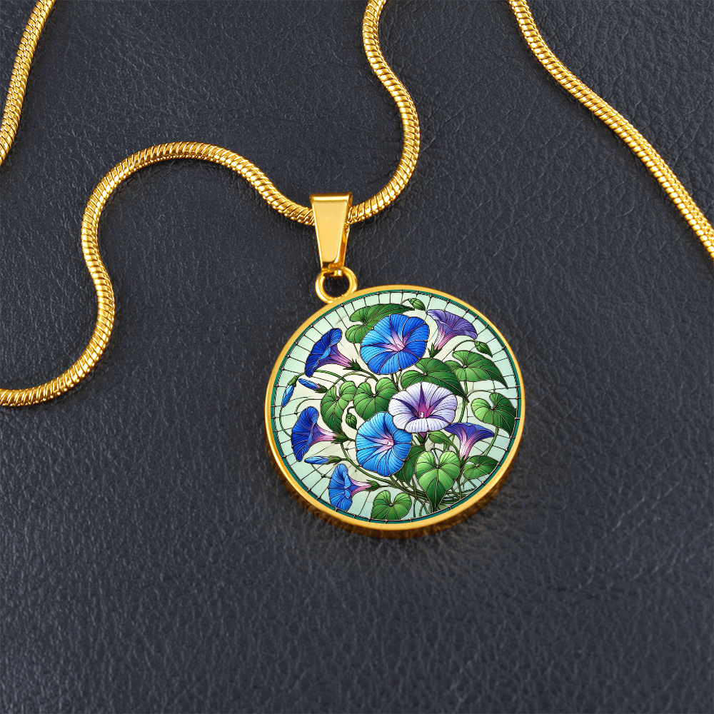 The Morning Glory Flowers Circle Pendant Necklace