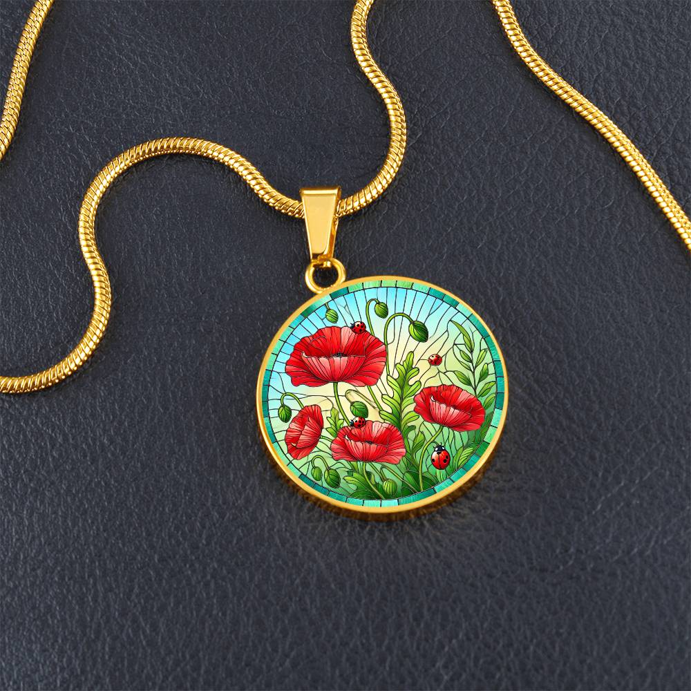 The Ladybug Poppies Circle Pendant Necklace