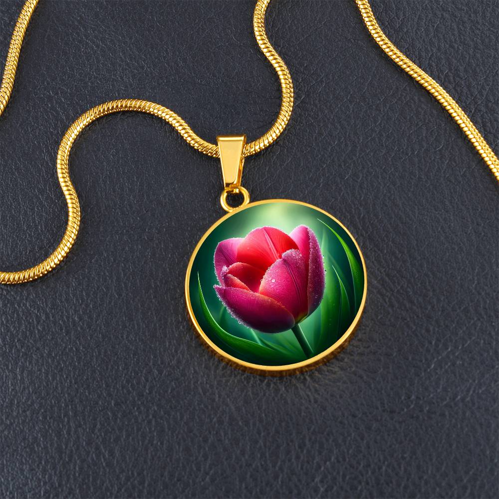 Dew-Kissed Tulip Circle Pendant Necklace