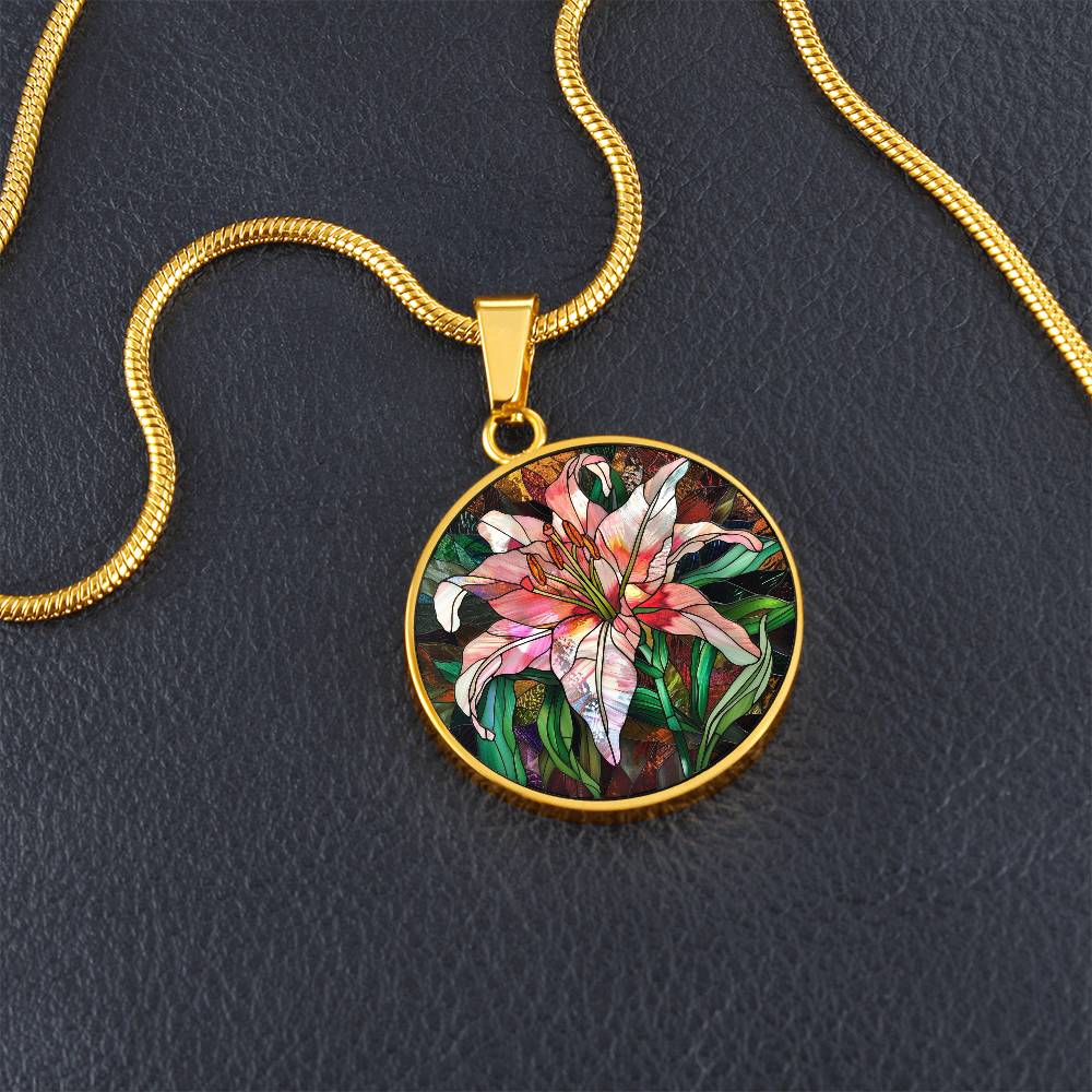 Stargazer Lily Art Circle Pendant Necklace
