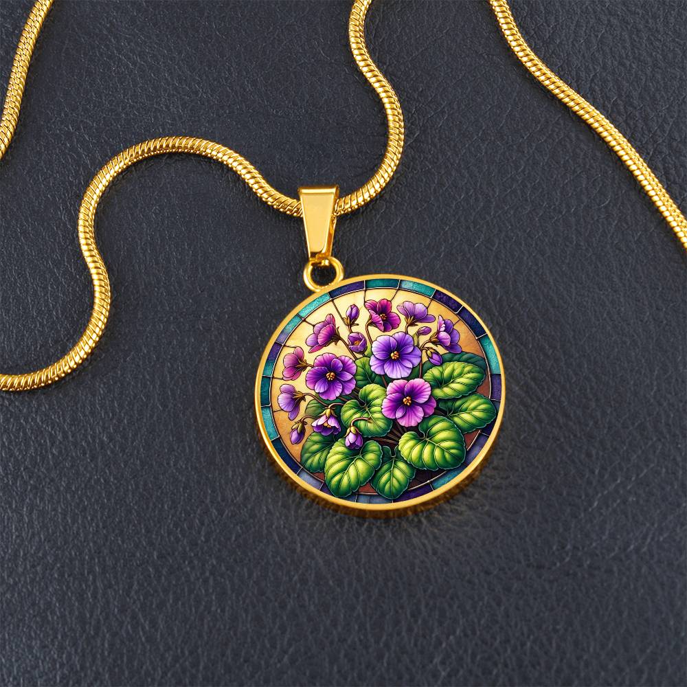 African Violets Circle Pendant Necklace