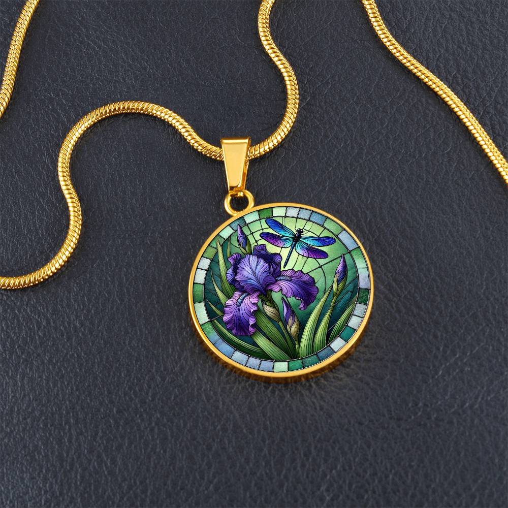 Iris Dragonfly Circle Pendant Necklace
