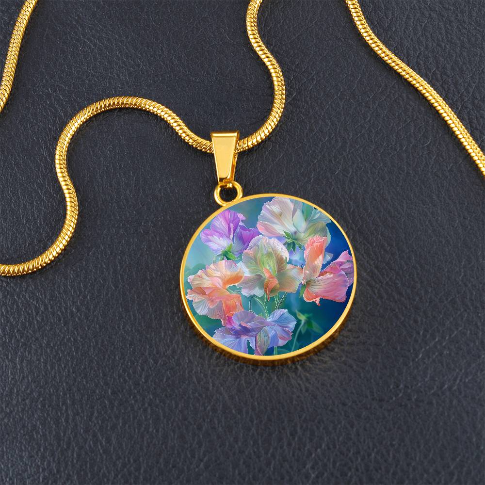 Sweet Pea Blossom Circle Pendant Necklace