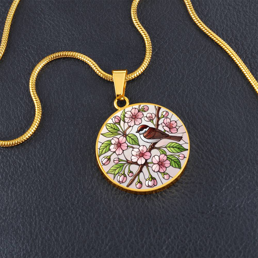 Cherry Blossom Sparrow Circle Pendant Necklace