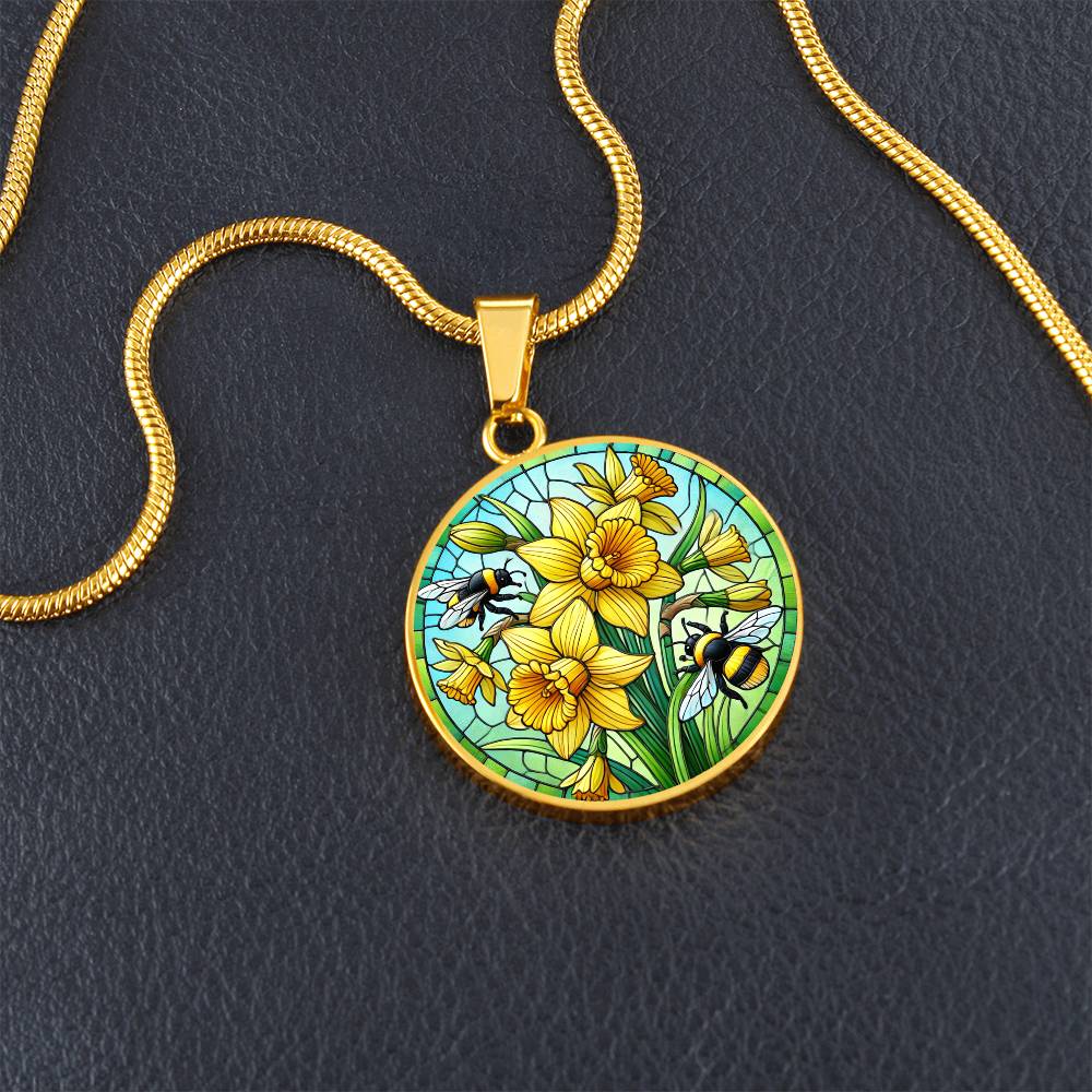 Daffodil Bumblebees Circle Pendant Necklace