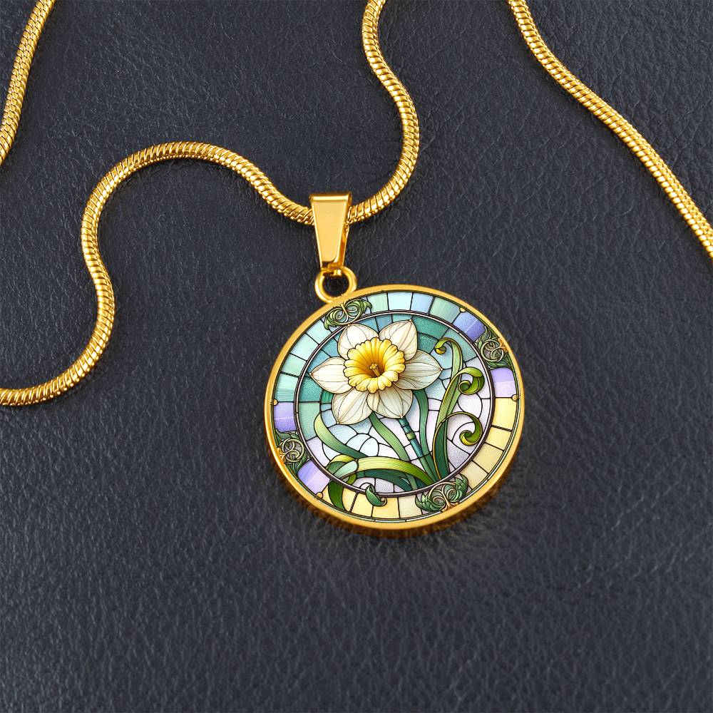 Art Nouveau Daffodil Circle Pendant Necklace