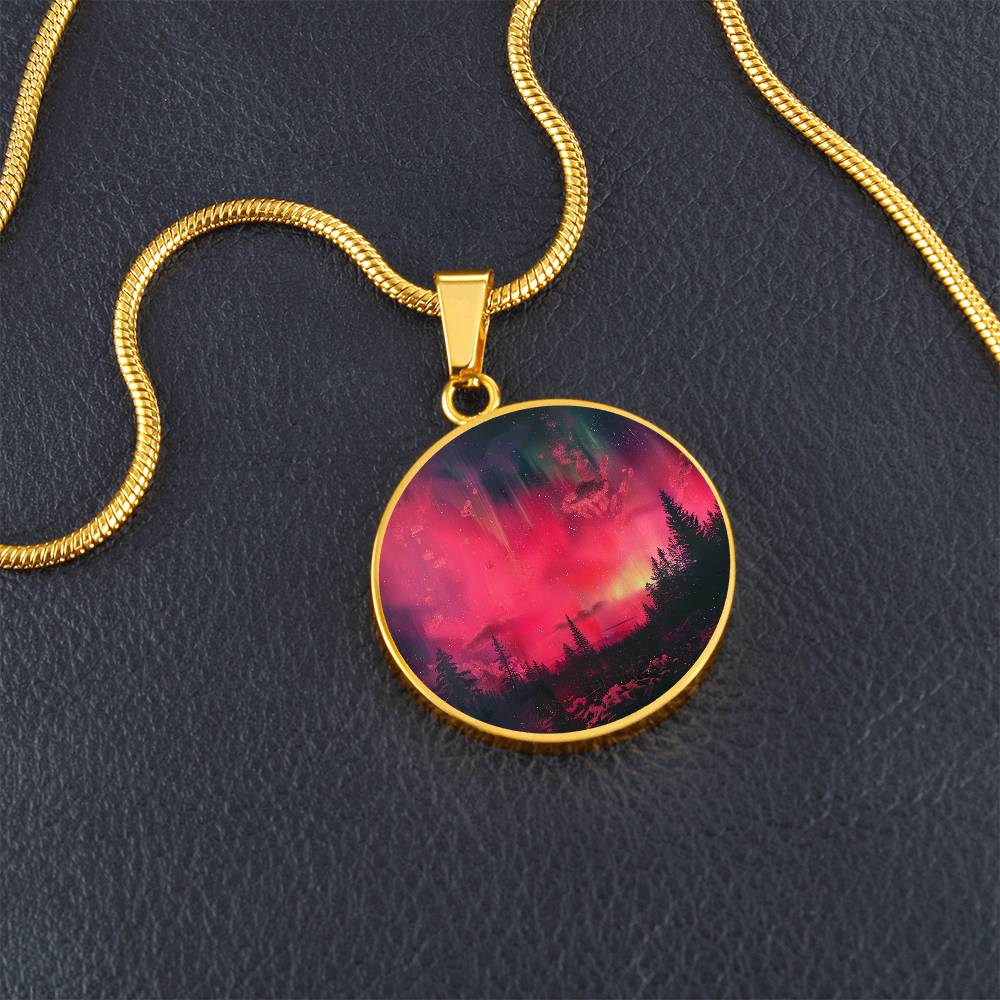Pink Fire Sky Lights Circle Pendant Necklace
