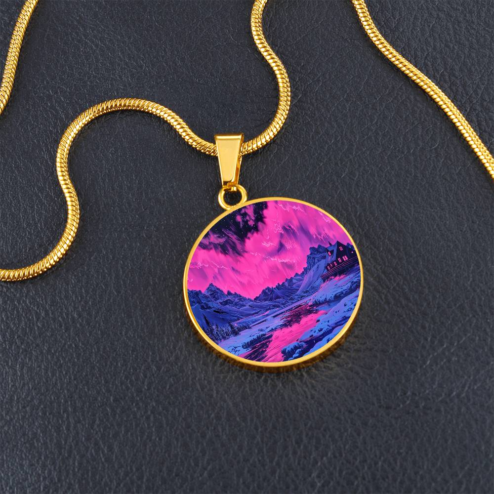 Pink Northern Lights Peaks Circle Pendant Necklace