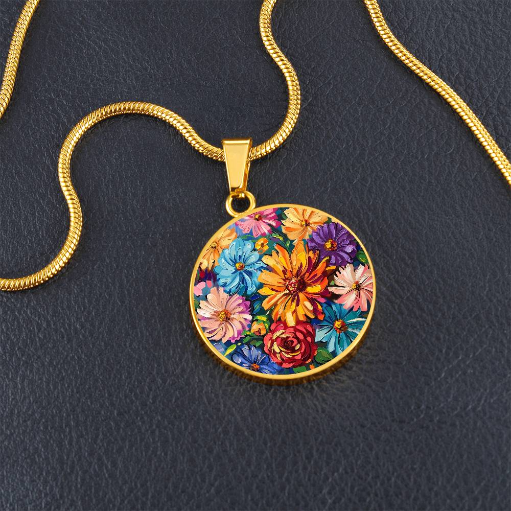 Bright Flowers Circle Pendant Necklace