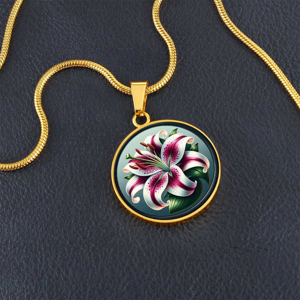 Stargazer Lily Circle Pendant Necklace
