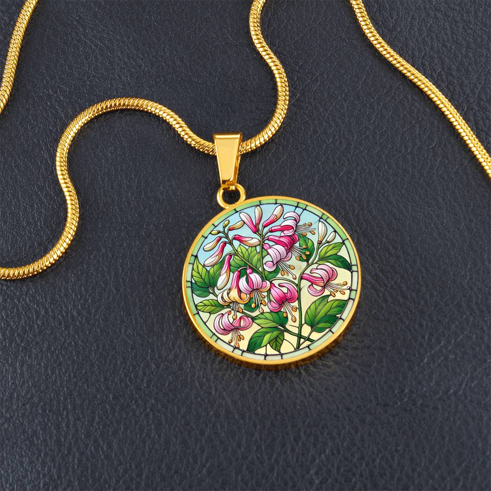 Honeysuckle Flowers Circle Pendant Necklace