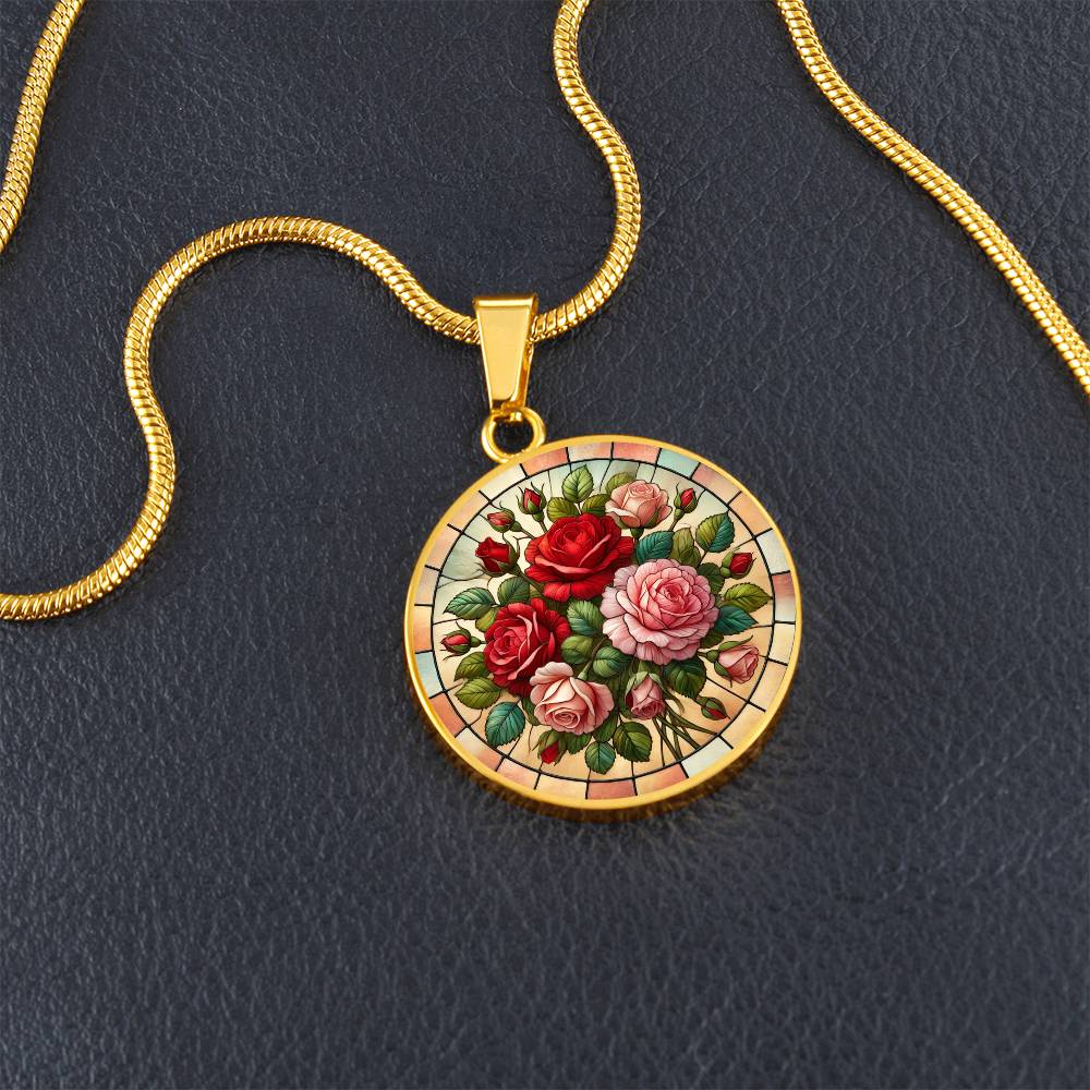 Rose Bouquet Circle Pendant Necklace