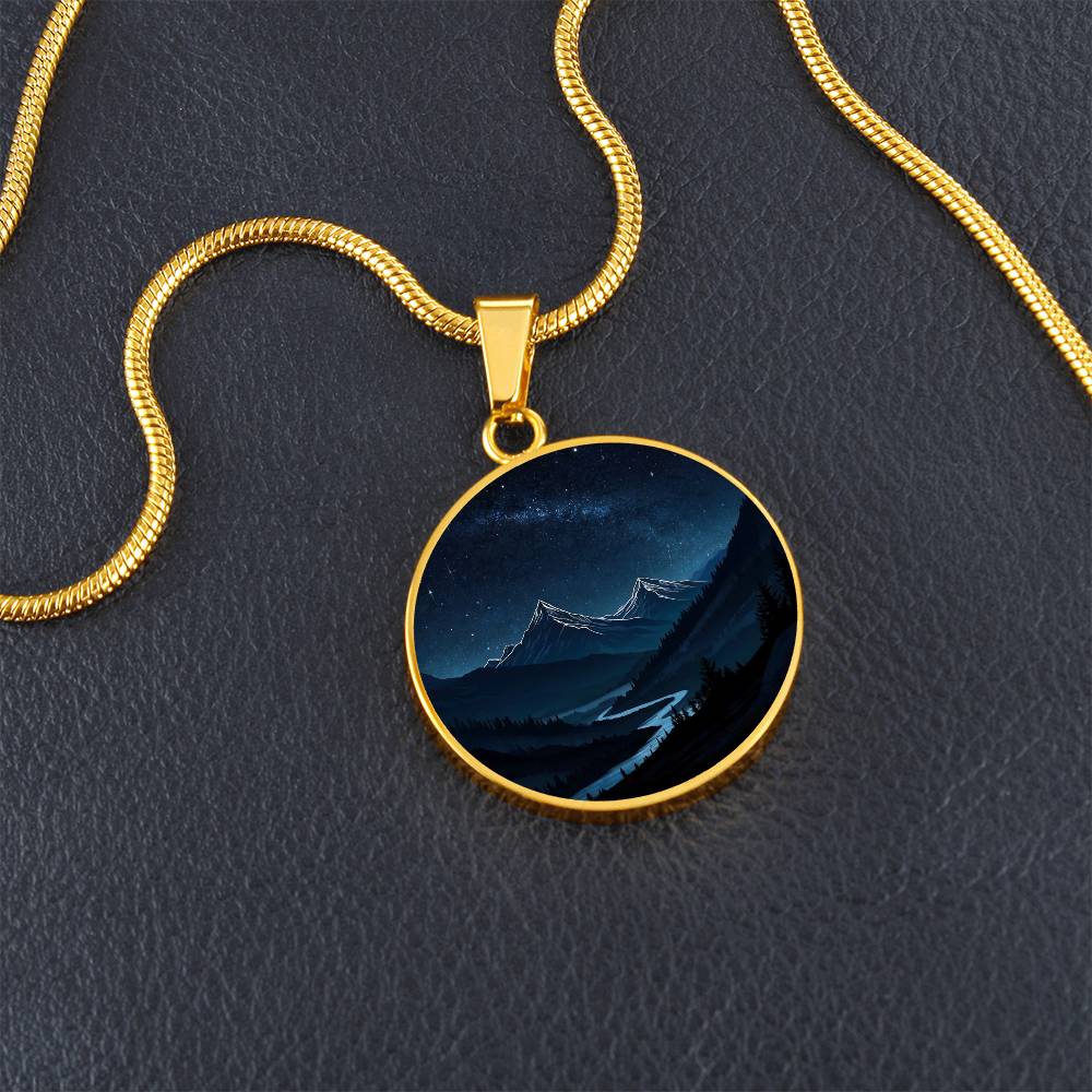 Starry Mountain Lake Night Circle Pendant Necklace
