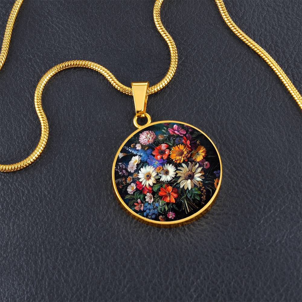 Spring Flowers Circle Pendant Necklace