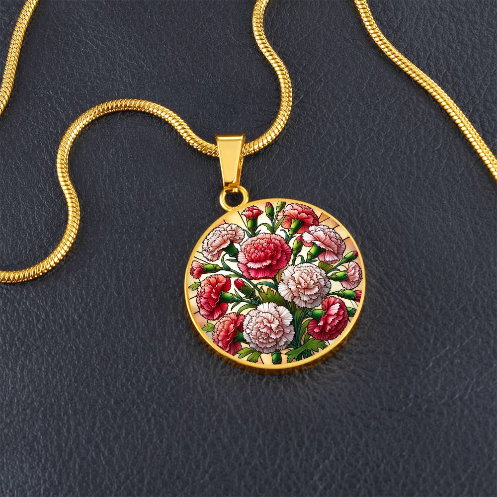 Carnation Bouquet Circle Pendant Necklace
