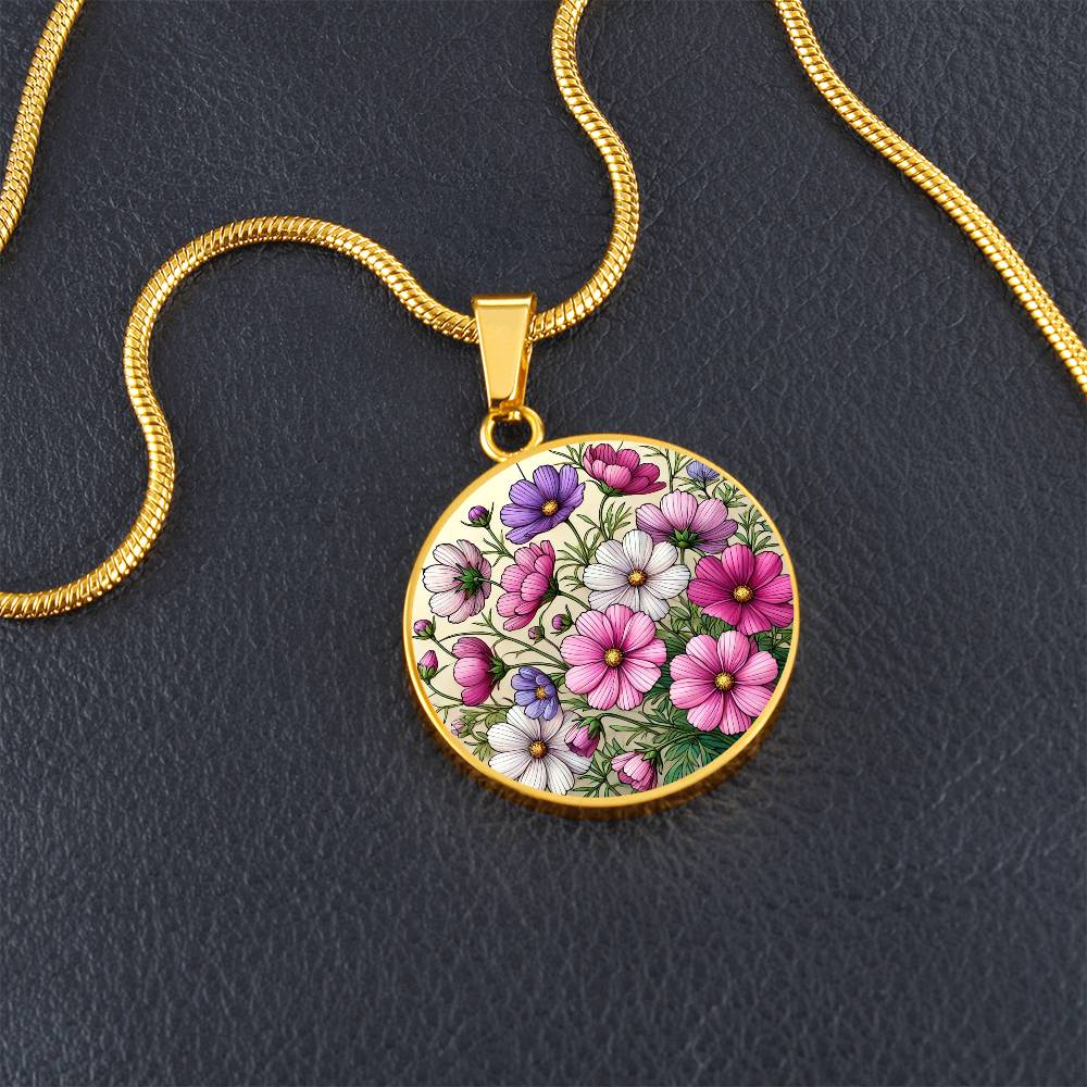 Cosmos Flowers Circle Pendant Necklace