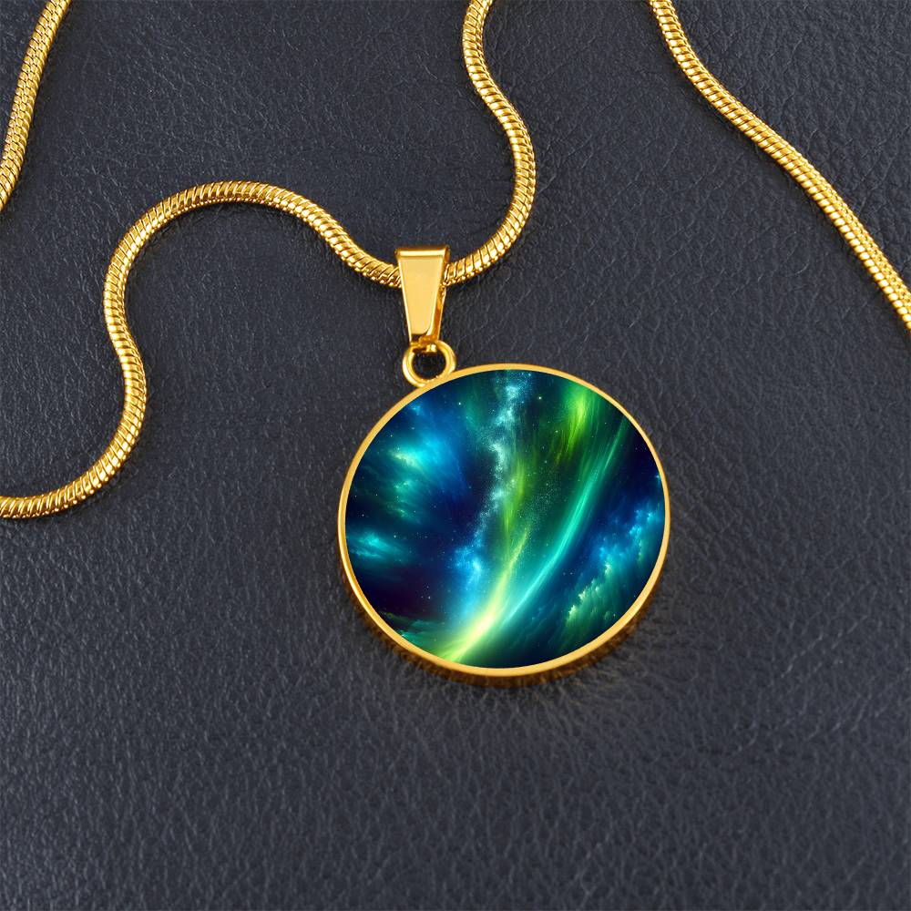 Blue Green Aurora Lights Circle Pendant Necklace