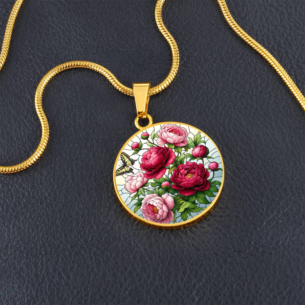 Blooming Peonies Circle Pendant Necklace