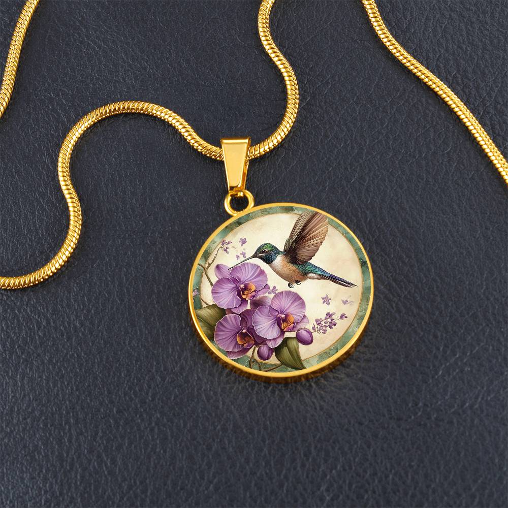 Orchid Hummingbird Circle Pendant Necklace