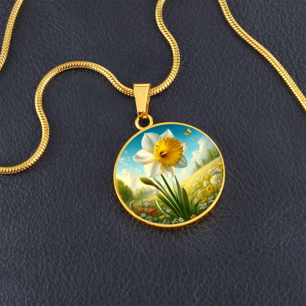 Spring Daffodil Circle Pendant Necklace