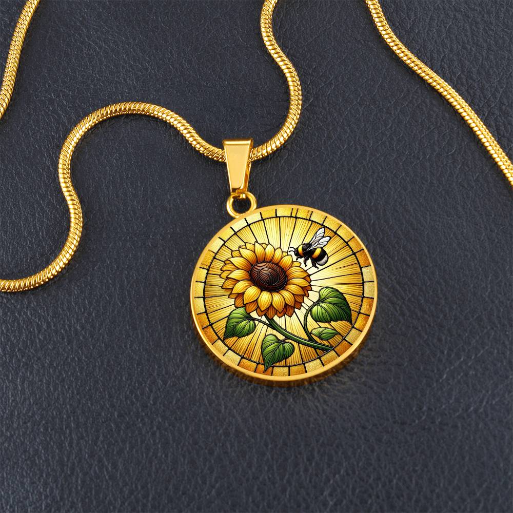 Sunflower Bumblebee Circle Pendant Necklace