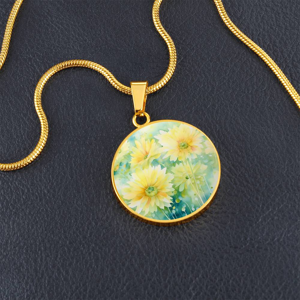 Watercolor Daffodils Circle Pendant Necklace