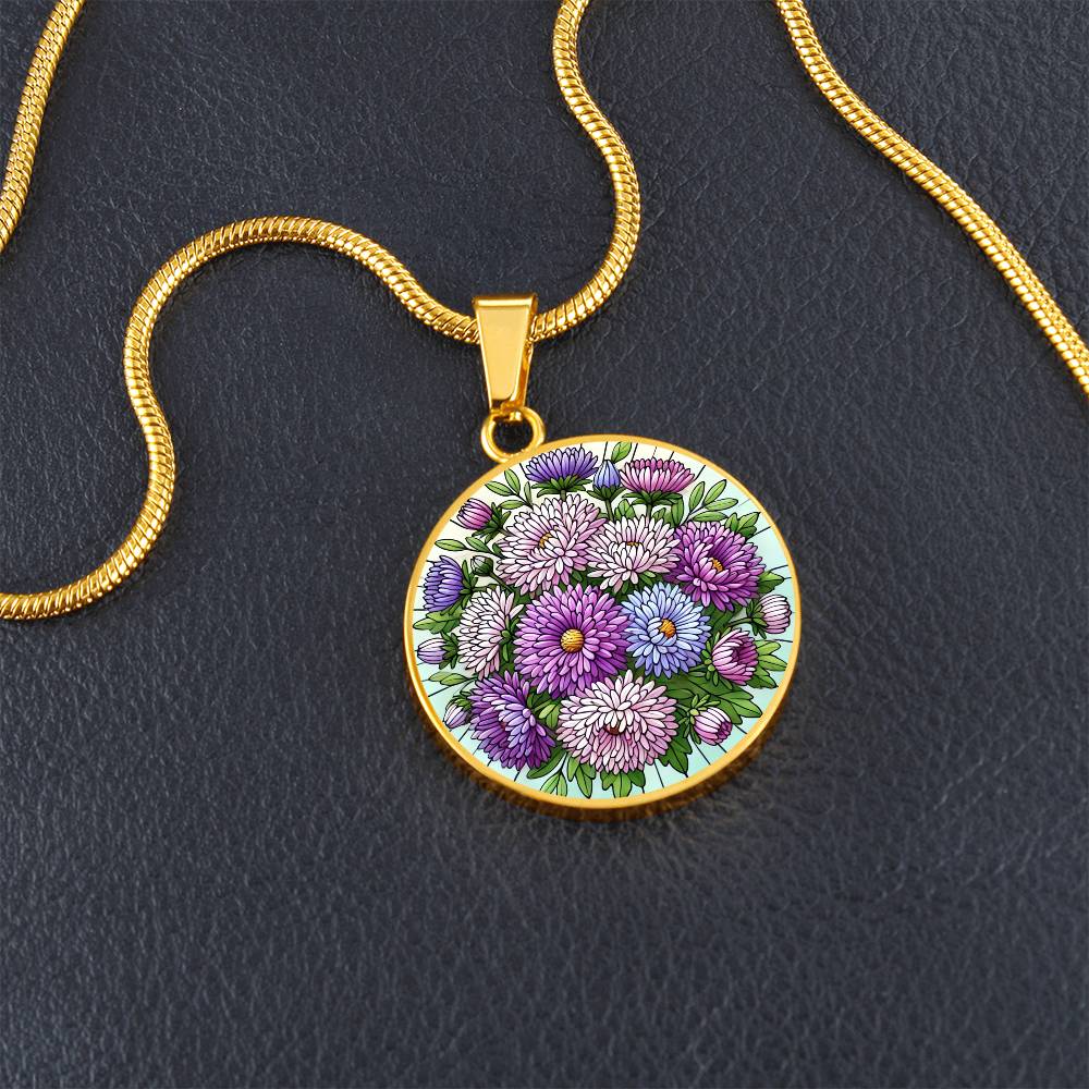 Aster Flowers Circle Pendant Necklace