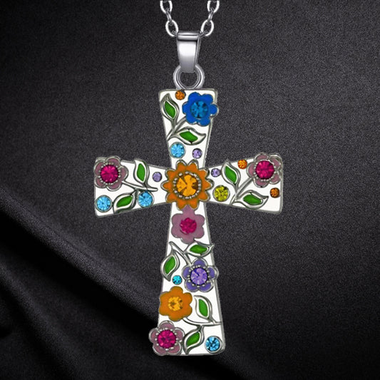 Floral Flower Cross Stainless Steel Necklace