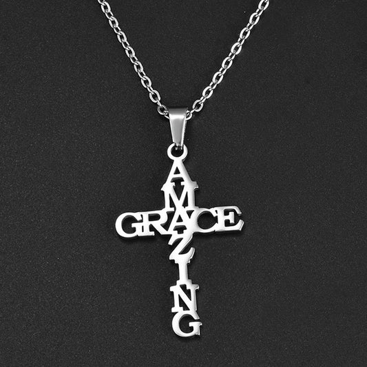 Amazing Grace Cross Stainless Steel Necklace