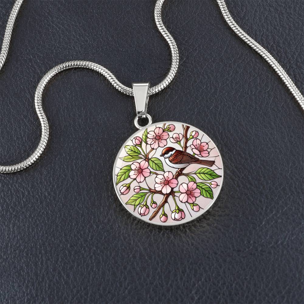 Cherry Blossom Sparrow Circle Pendant Necklace