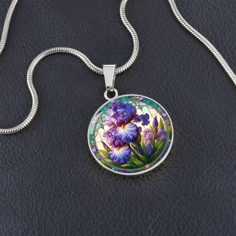 Purple Iris Circle Pendant Necklace