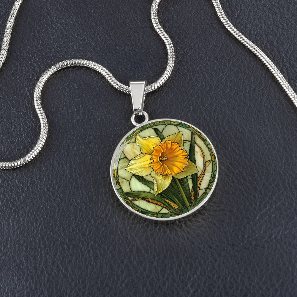 Daffodil Flower Circle Pendant Necklace