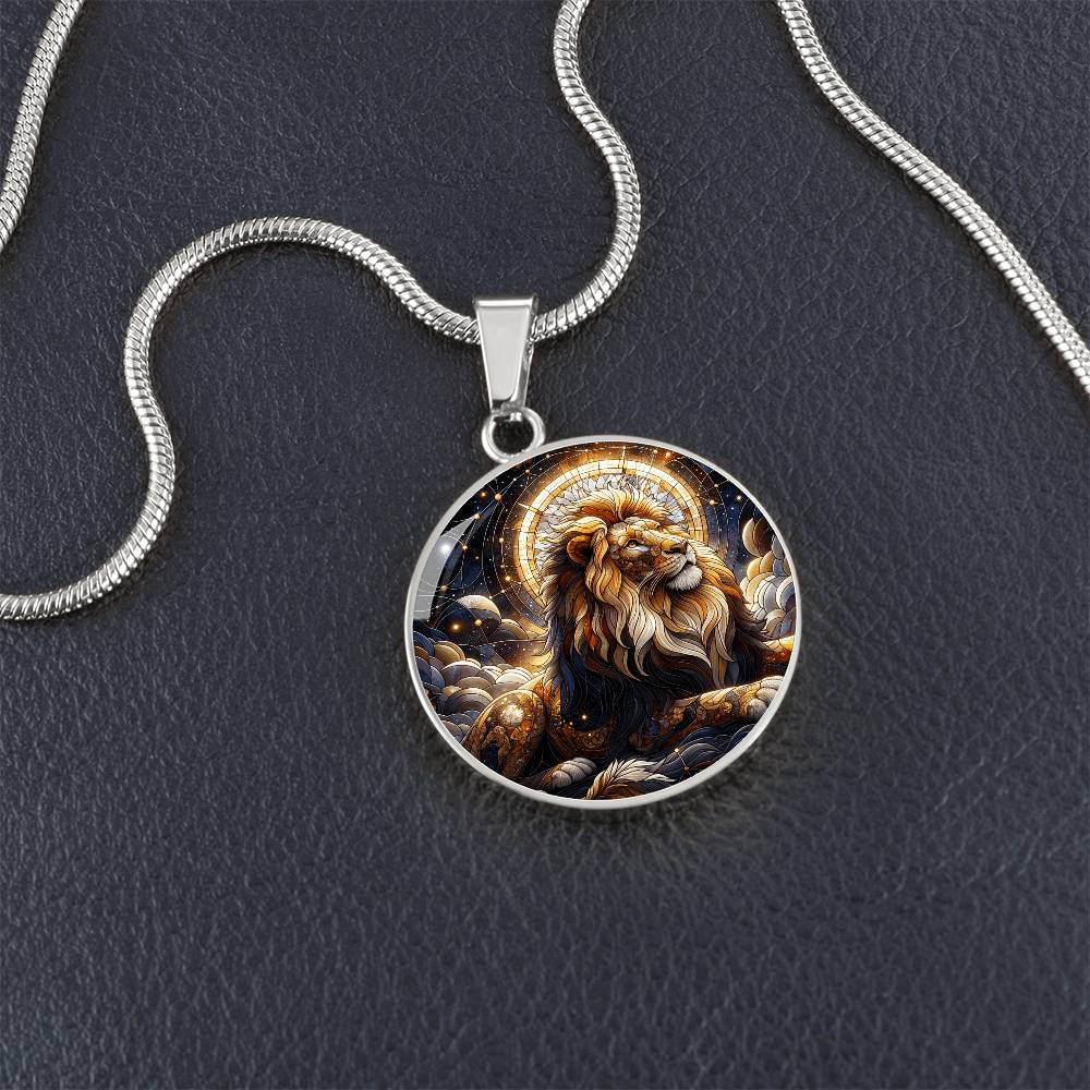 Golden Leo Lion Circle Pendant Necklace
