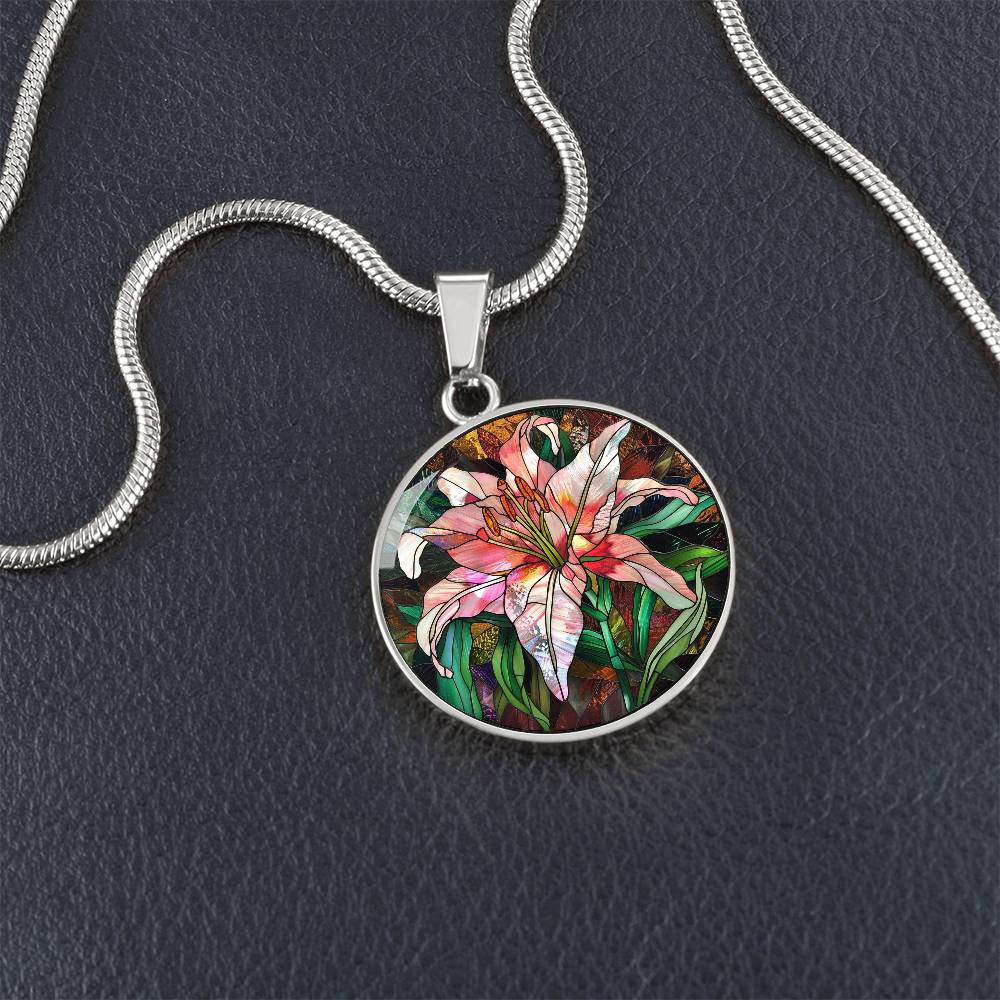 Stargazer Lily Art Circle Pendant Necklace