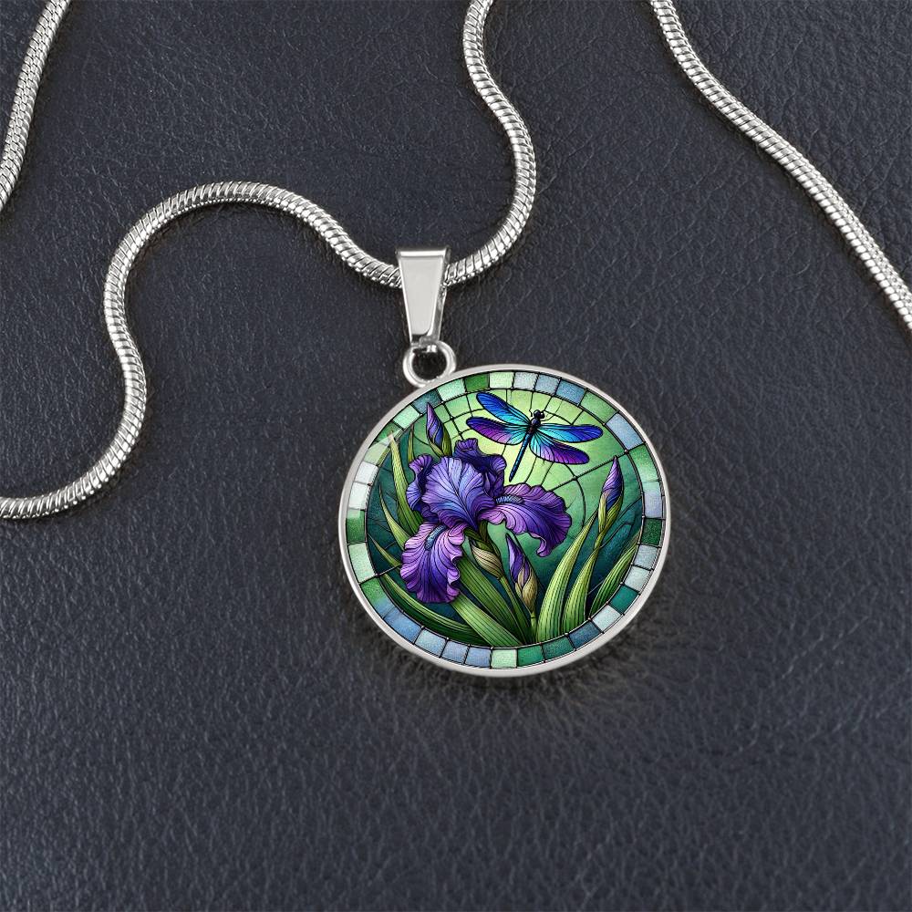 Iris Dragonfly Circle Pendant Necklace