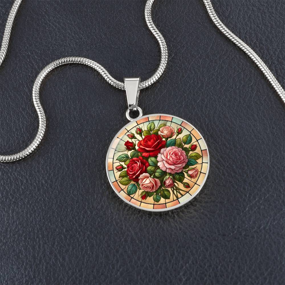 Rose Bouquet Circle Pendant Necklace