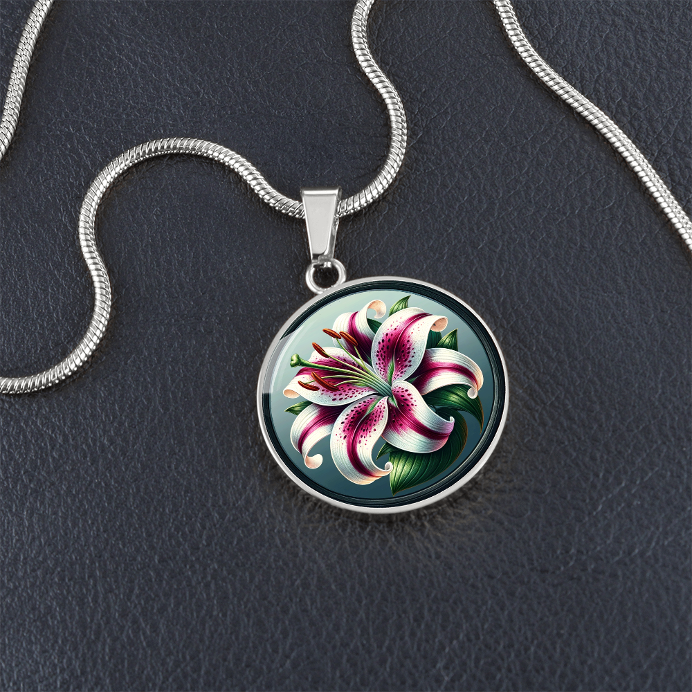 Stargazer Lily Circle Pendant Necklace
