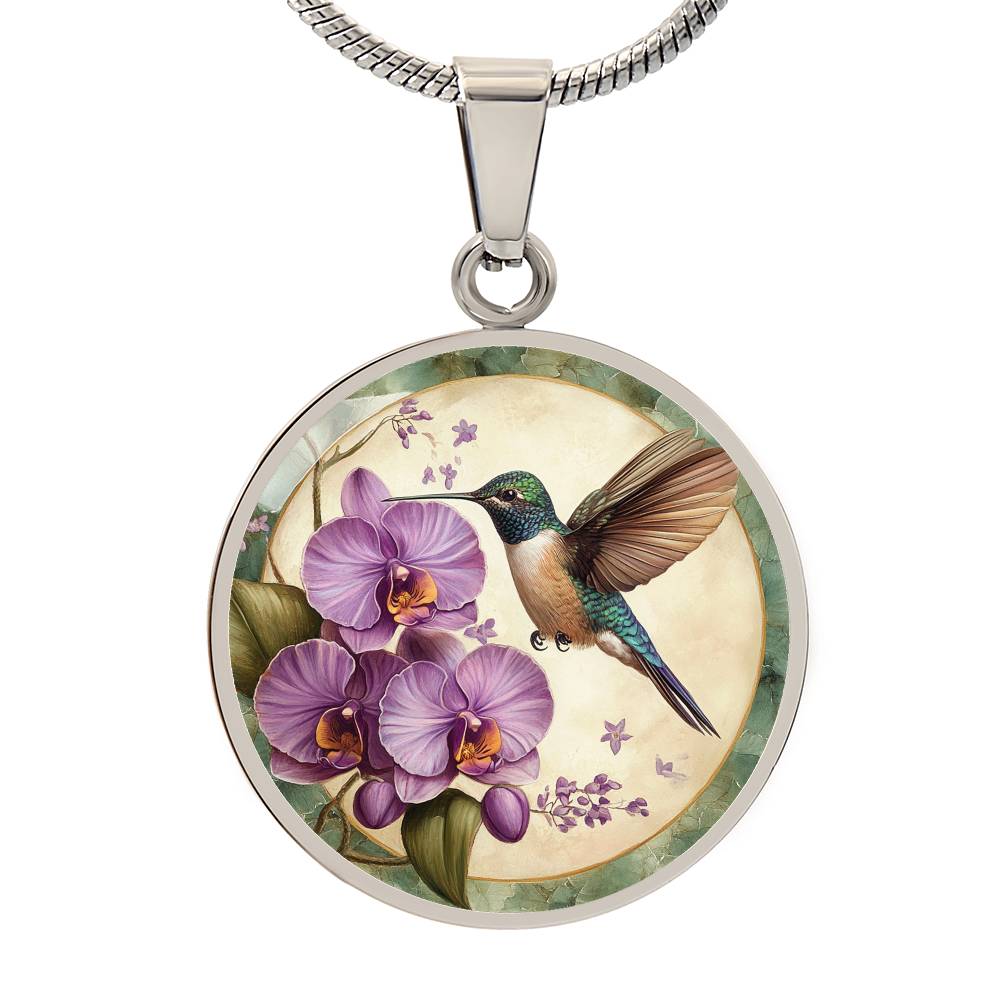 Orchid Hummingbird Circle Pendant Necklace