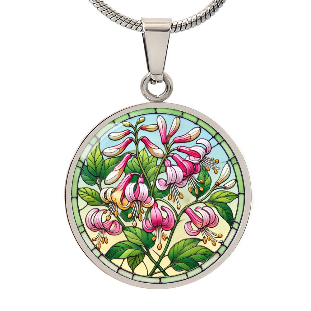 Honeysuckle Flowers Circle Pendant Necklace