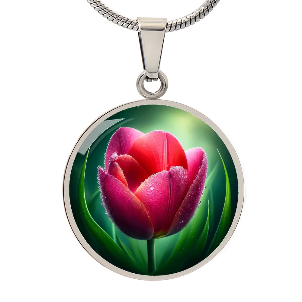 Dew-Kissed Tulip Circle Pendant Necklace