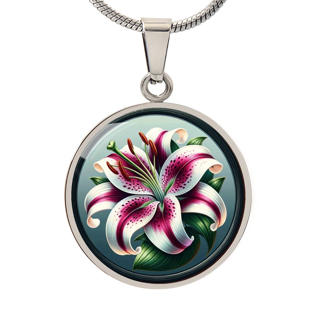 Stargazer Lily Circle Pendant Necklace