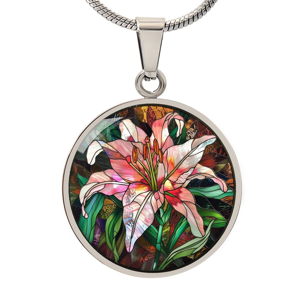 Stargazer Lily Art Circle Pendant Necklace