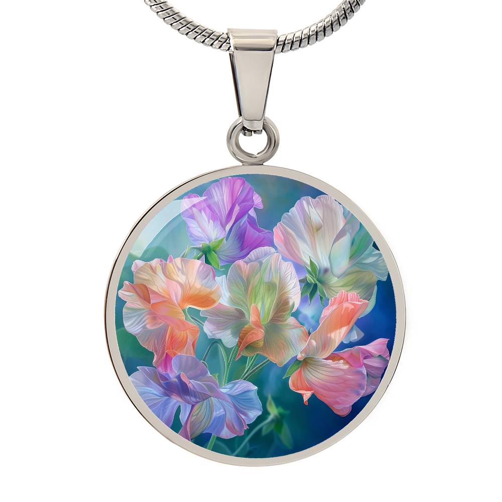 Sweet Pea Blossom Circle Pendant Necklace