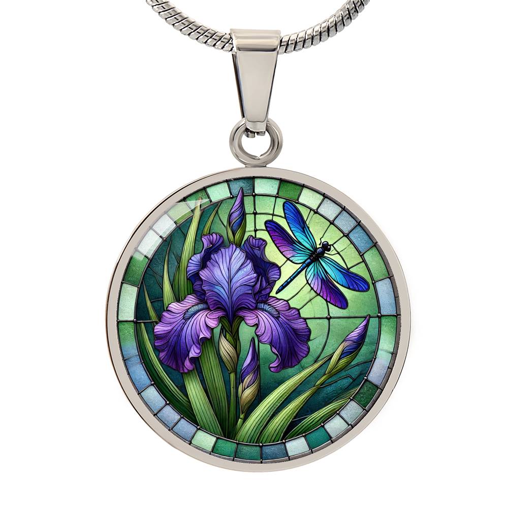 Iris Dragonfly Circle Pendant Necklace
